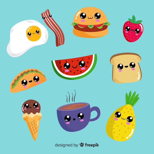 Vector gratuito pack kawaii comida dibujada a mano