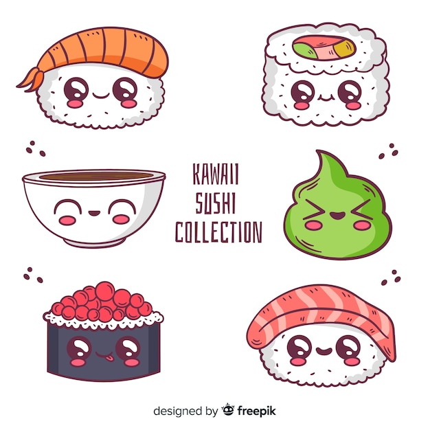 Pack kawaii sushi dibujado a mano