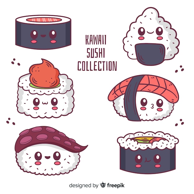 Vector gratuito pack kawaii sushi dibujado a mano