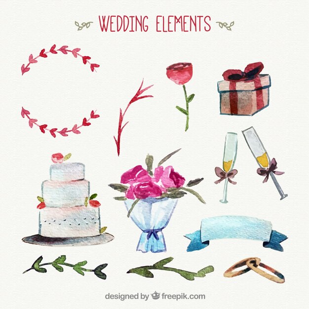 Pack lindo de objetos de boda en estilo de acuarela