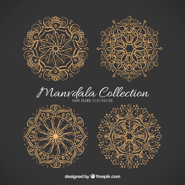 Pack de mandalas elegantes dorados dibujados a mano 