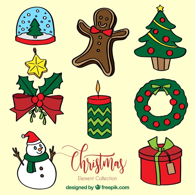 Pack a mano de elementos clásicos de navidad
