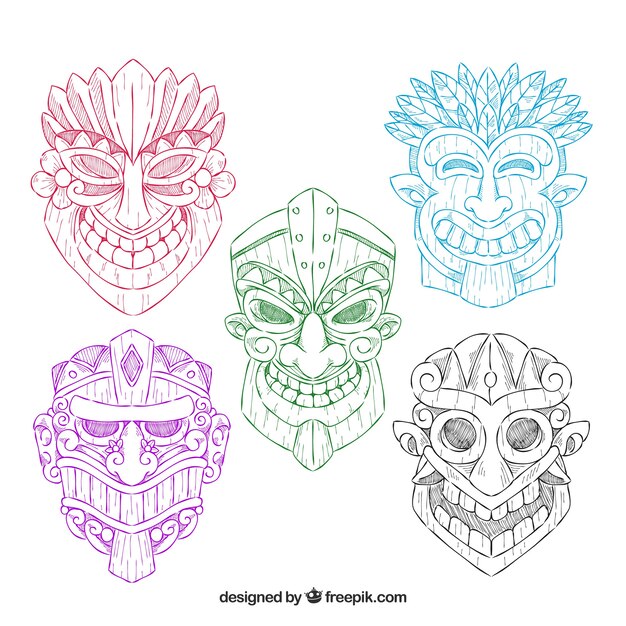 Pack de máscaras tiki de colores dibujadas a mano 