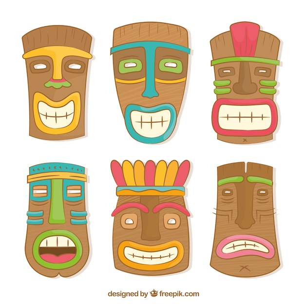 Vector gratuito pack de máscaras tiki dibujadas a mano