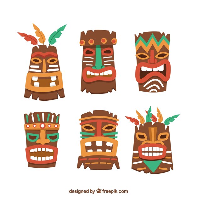 Pack de máscaras tiki en diseño plano 