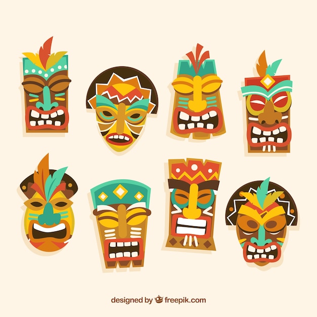Pack de máscaras tiki en diseño plano 