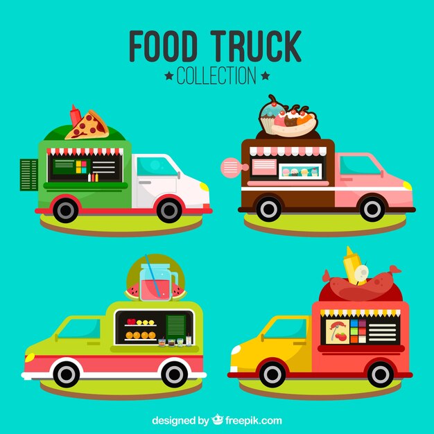 Pack moderno de food trucks con diseño plano