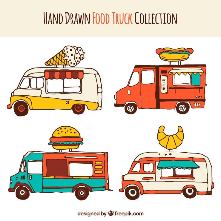 Vector gratuito pack moderno con food trucks a mano