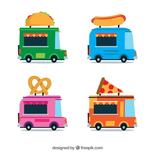 Pack moderno de food trucks planos