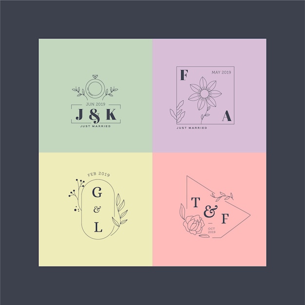 Pack de monogramas de boda en colores pastel minimalistas