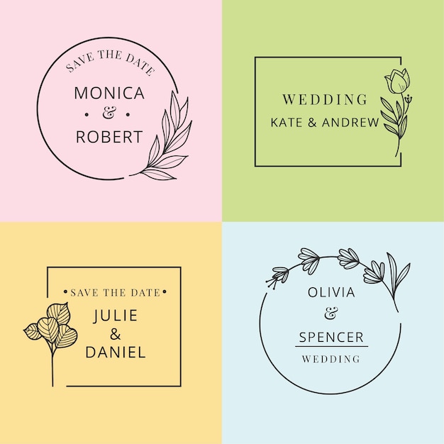 Pack de monogramas de boda minimalista en colores pastel.