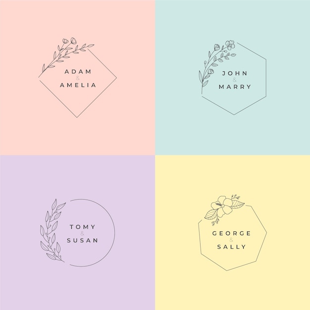 Vector gratuito pack de monogramas de boda minimalistas en colores pastel