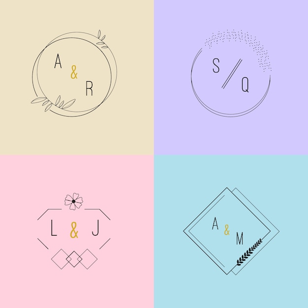 Vector gratuito pack de monogramas de boda preciosos en colores pastel