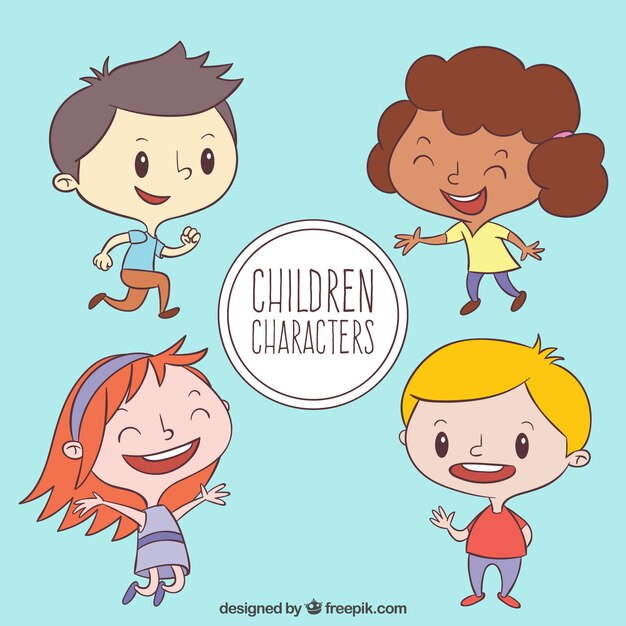 Pack de niños felices dibujados a mano 