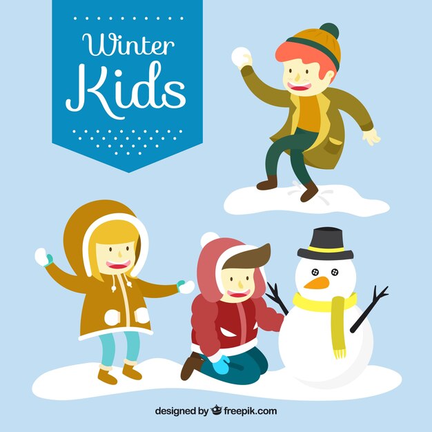 Pack de niños jugando con la nieve