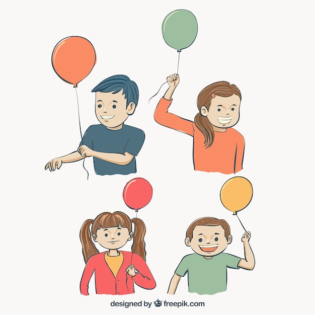 Vector gratuito pack de niños sonrientes con globos