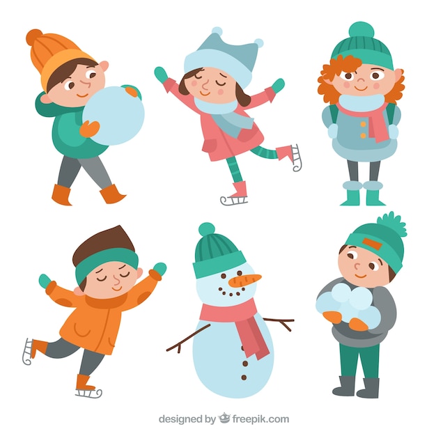 Vector gratuito pack de niños vintage con nieve