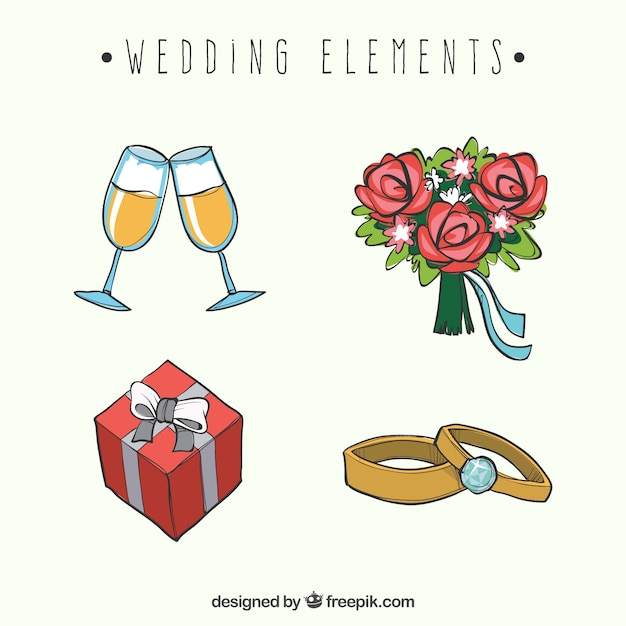 Pack de objetos de boda dibujados a mano