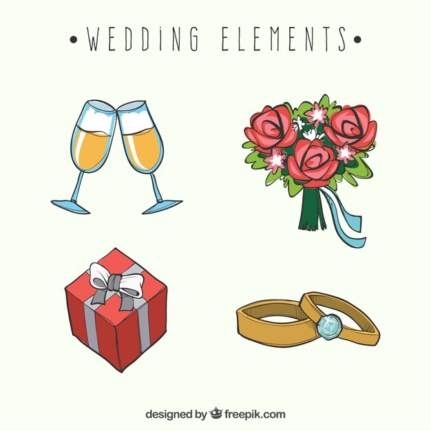 Pack de objetos de boda dibujados a mano 