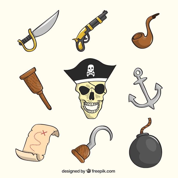 Vector gratuito pack de objetos piratas dibujados a mano