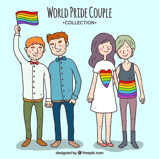 Pack de parejas celebrando el orgullo gay dibujadas a mano 