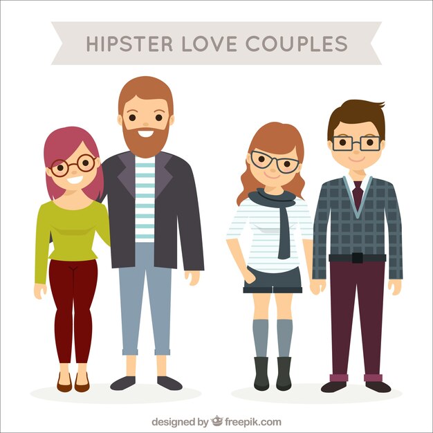 Vector gratuito pack de parejas hipsters felices en diseño plano