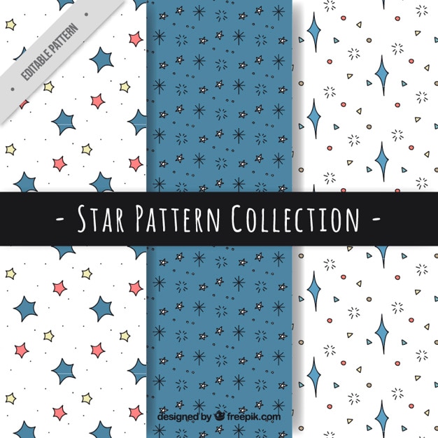 Pack de patrones azules y blancos con estrellas dibujadas a mano