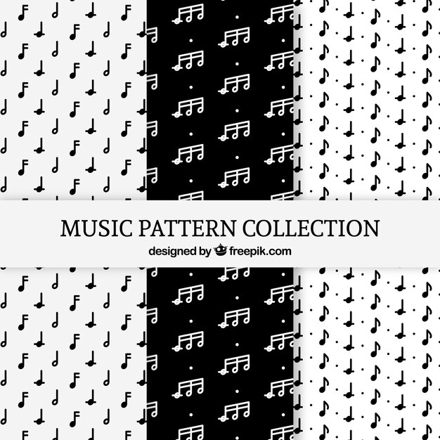 Pack de patrones en blanco y negro con notas musicales 