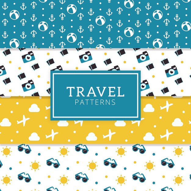 Pack de patrones decorativos con elementos de viaje en diseño plano