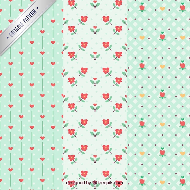 Vector gratuito pack de patrones de flores y corazones