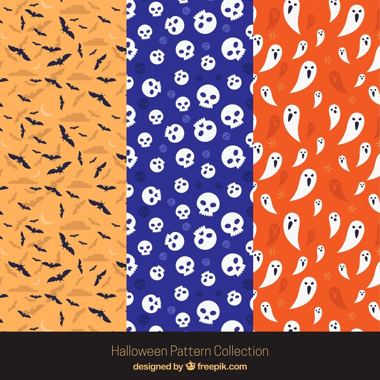 Vector gratuito pack de patrones de halloween con calaveras y otros elementos