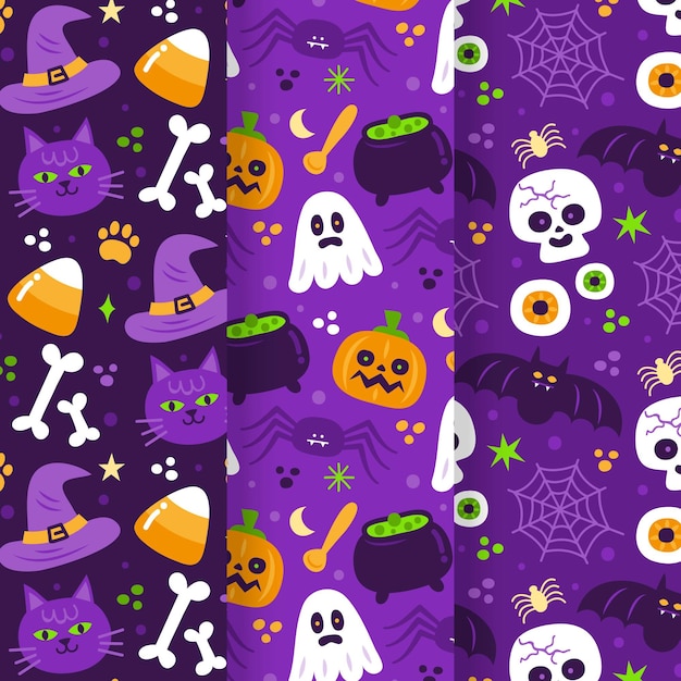 Pack de patrones de halloween de diseño plano