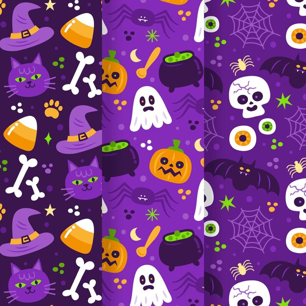 Pack de patrones de halloween de diseño plano