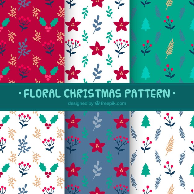 Pack de patrones de navidad con flores y hojas