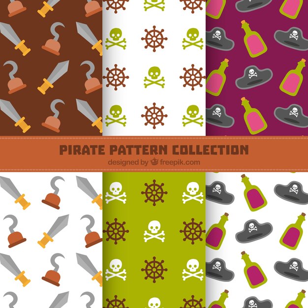 Pack de patrones de piratas en diseño plano