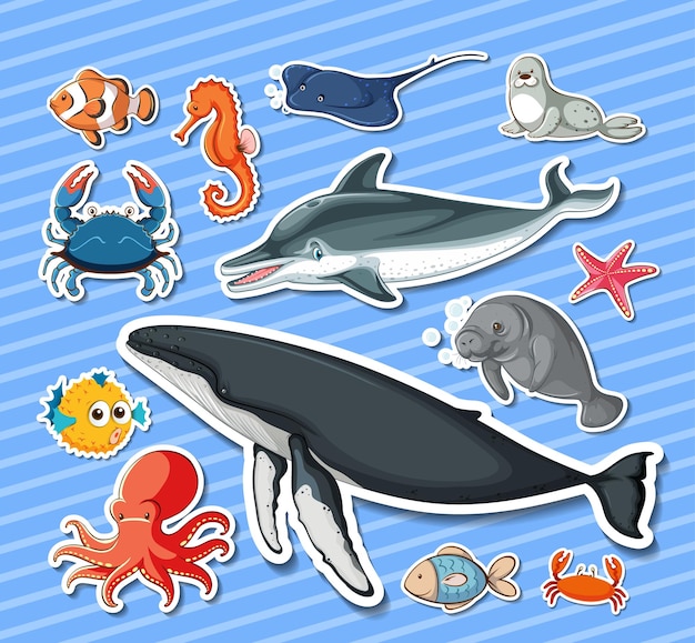 Vector gratuito pack de pegatinas de diferentes animales marinos