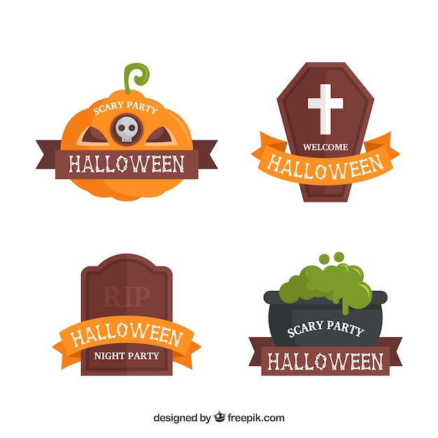 Vector gratuito pack de pegatinas con elementos de halloween en diseño plano