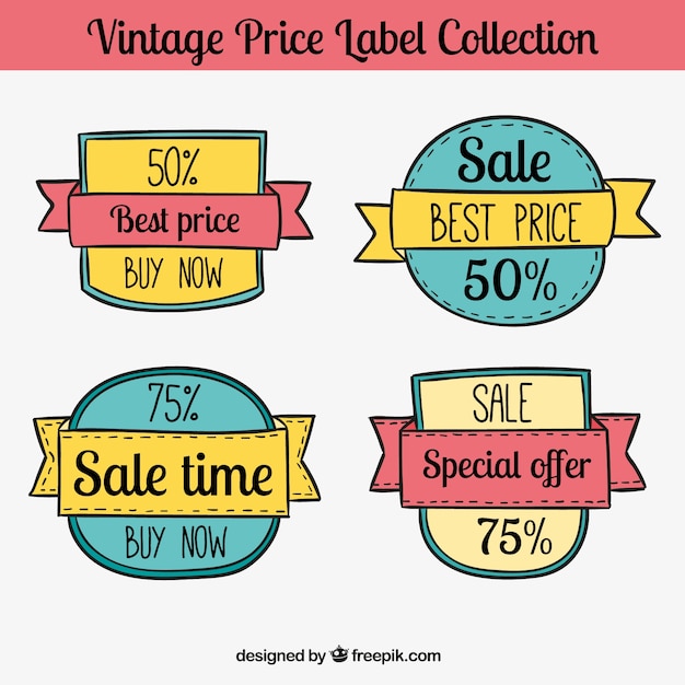 Vector gratuito pack de pegatinas de rebajas dibujadas a mano en estilo vintage