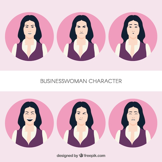 Vector gratuito pack de personaje de mujer de negocios expresiva en diseño plano