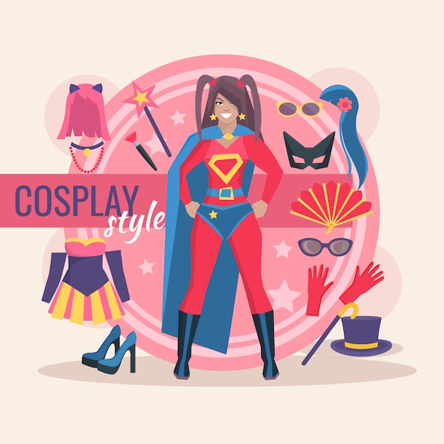 Vector gratuito pack de personajes de cosplay superhéroe para niña con ropa y accesorio mágico.