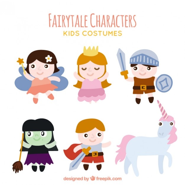 Vector gratuito pack de personajes de cuento de hadas con un unicornio