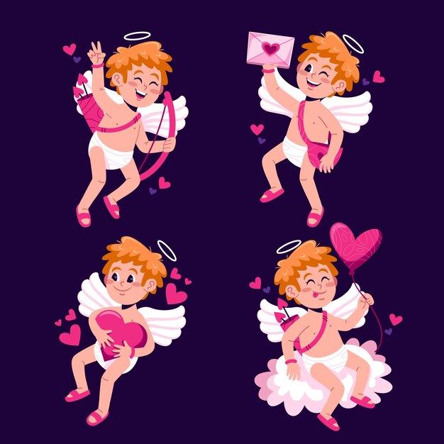 Pack de personajes de cupido de diseño plano