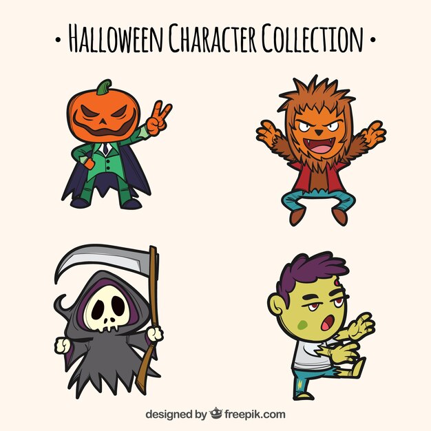 Pack de personajes de halloween dibujados a mano 