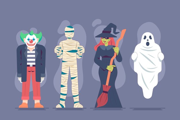 Pack de personajes de halloween de diseño plano