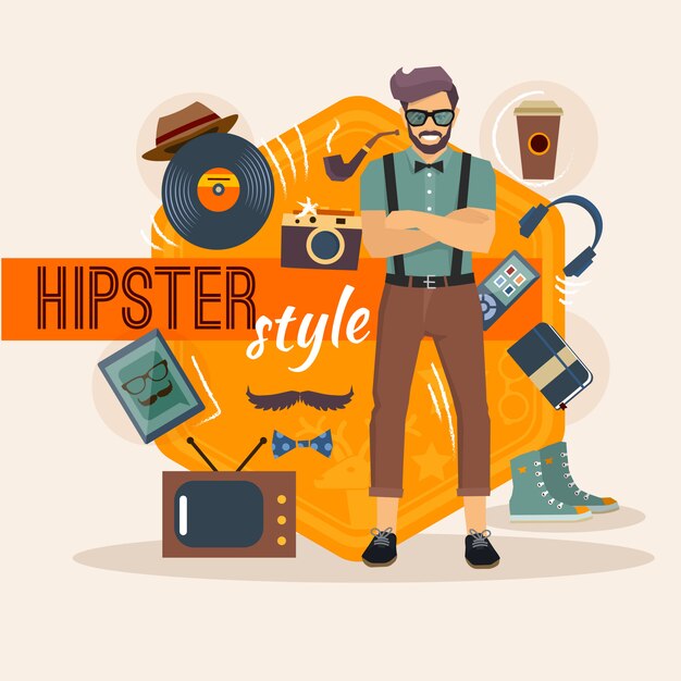 Pack de personajes hipster para hombre friki con accesorios de moda y objetos.
