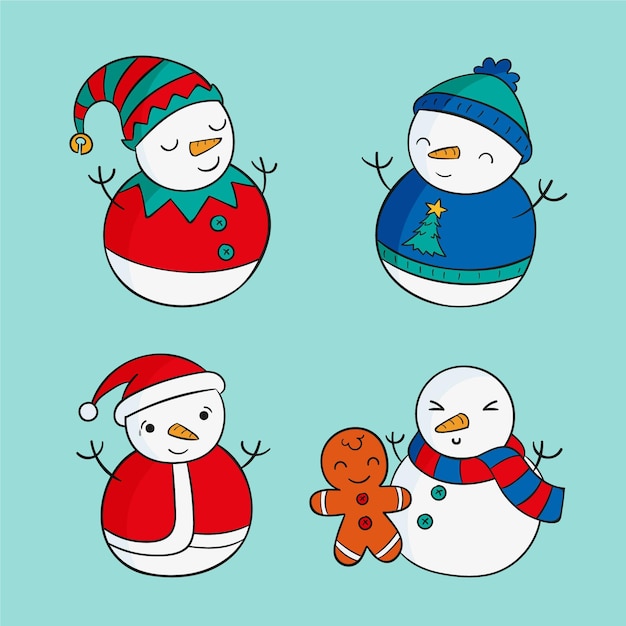 Vector gratuito pack de personajes de muñeco de nieve dibujado a mano