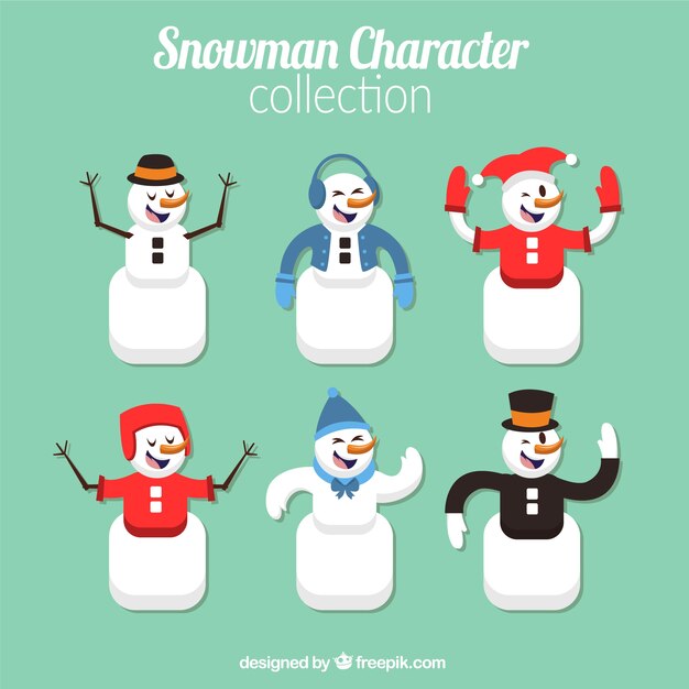 Pack de personajes de muñeco de nieve en diseño plano 