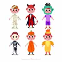 Vector gratuito pack de personajes de niños con disfraces de halloween