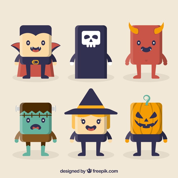 Vector gratuito pack de personajes simpáticos de halloween en diseño plano