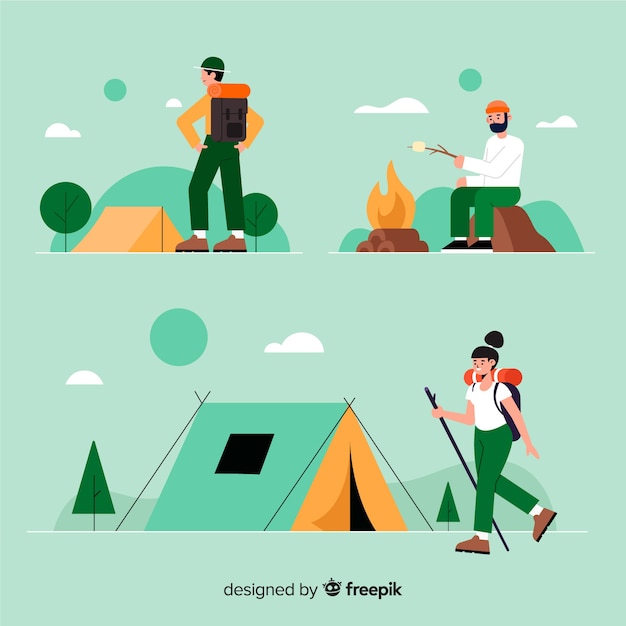 Pack de personas acampando diseño plano